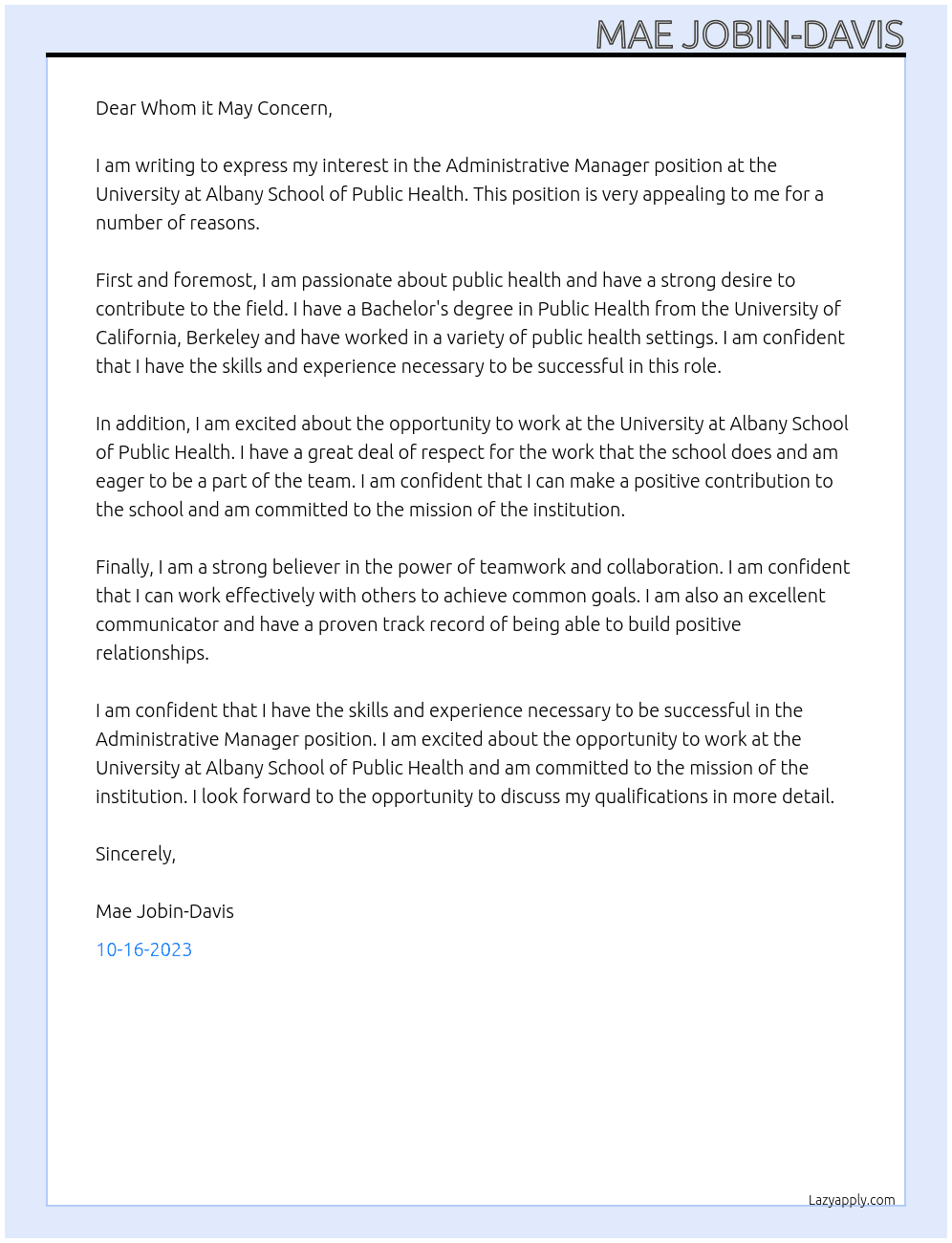 Administrative Manager At University at Albany School of Public Health Cover Letter