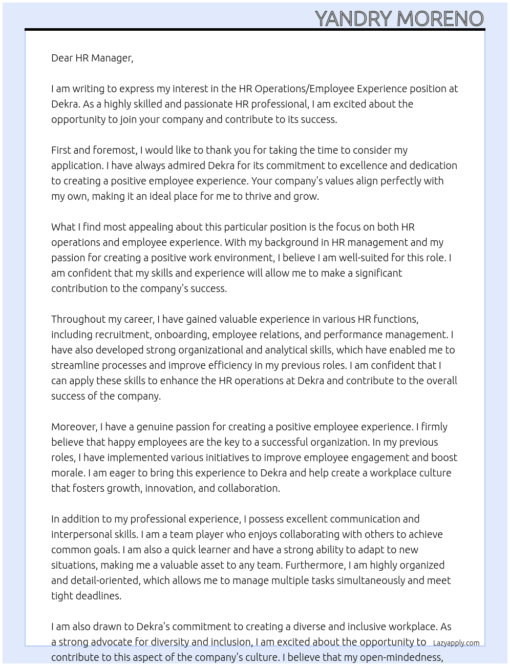HR Operations / Employee Experience At Dekra Cover Letter