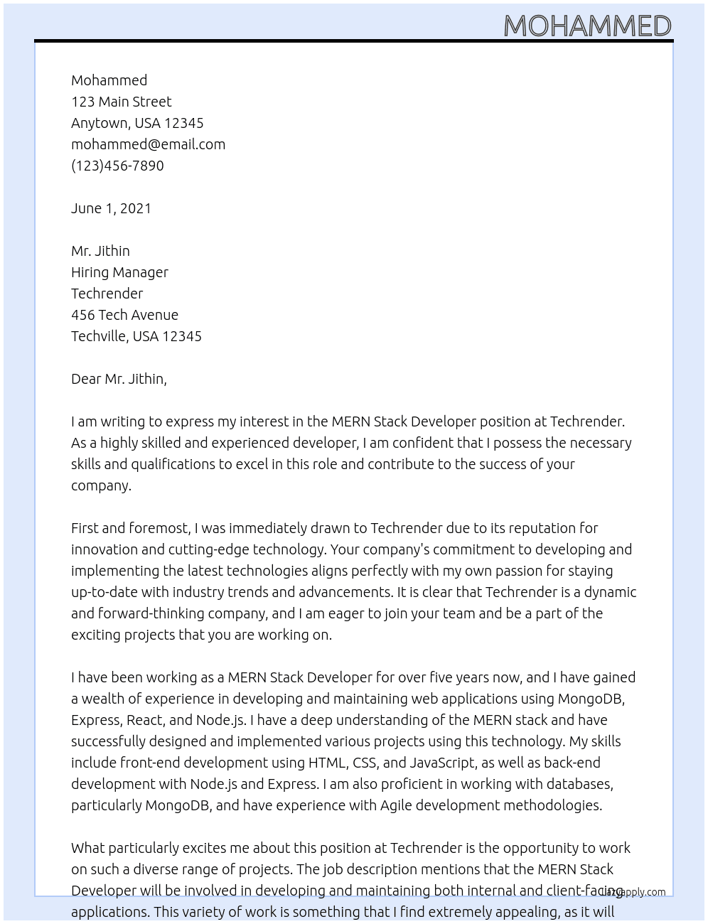 MERN Stack developer At Techrender Cover Letter