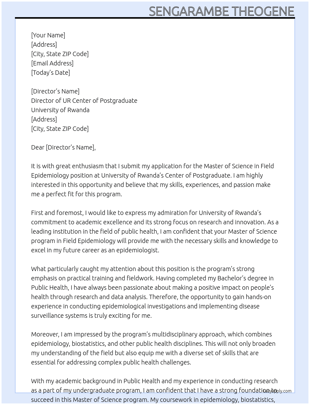 Master  of science  in field epidemiology At University of Rwanda Cover Letter