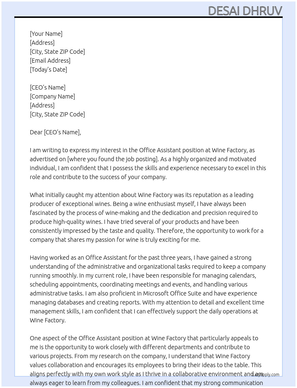 office assistant At wine Cover Letter