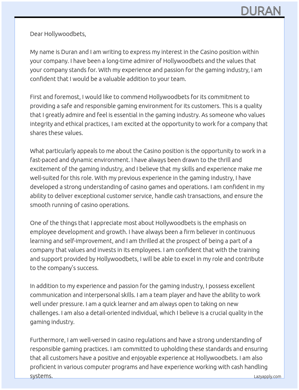 Casino At Hollywoodbets  Cover Letter