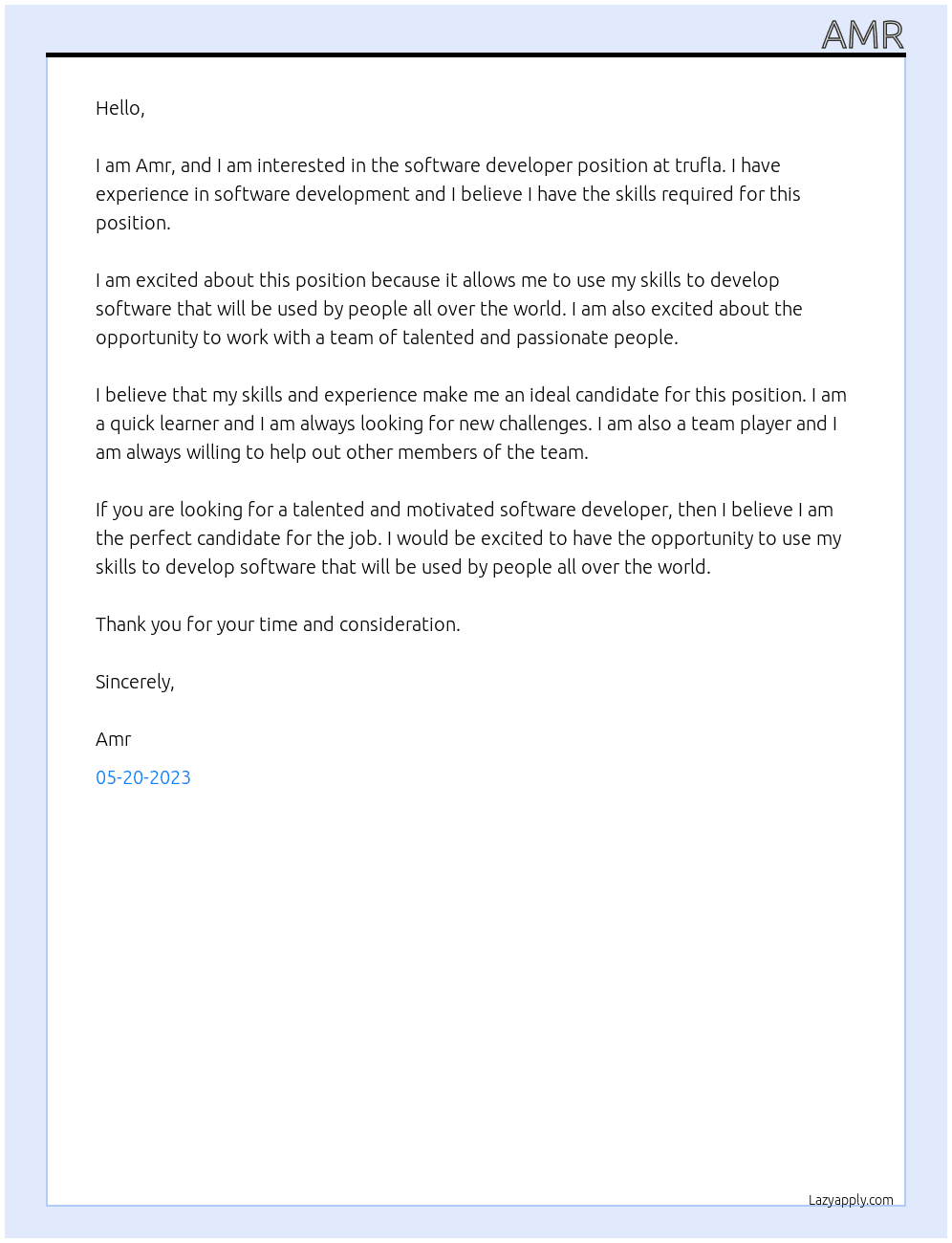 software developer At trufla Cover Letter