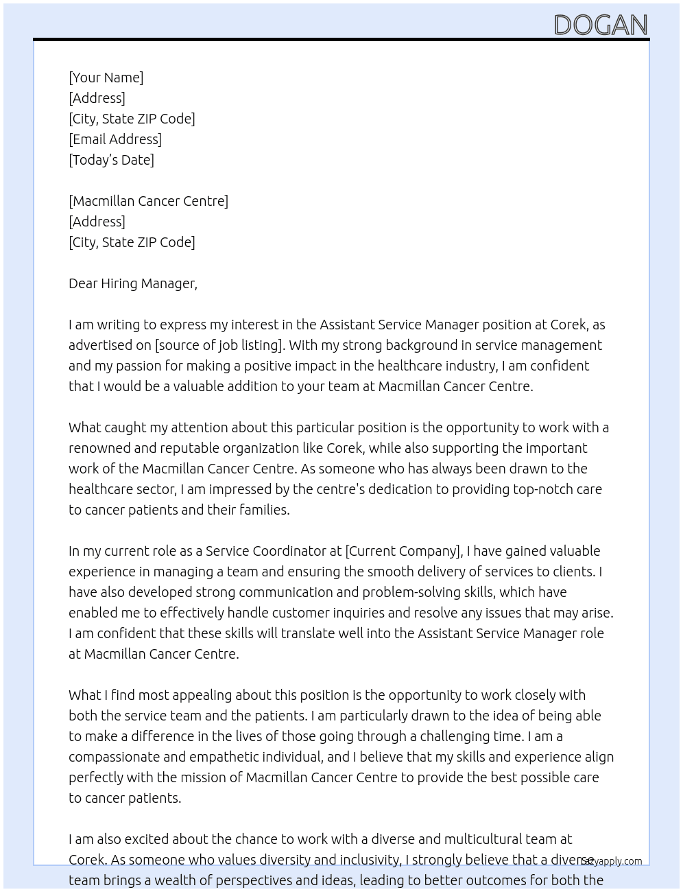 Assistant Service Manager At Corek Cover Letter