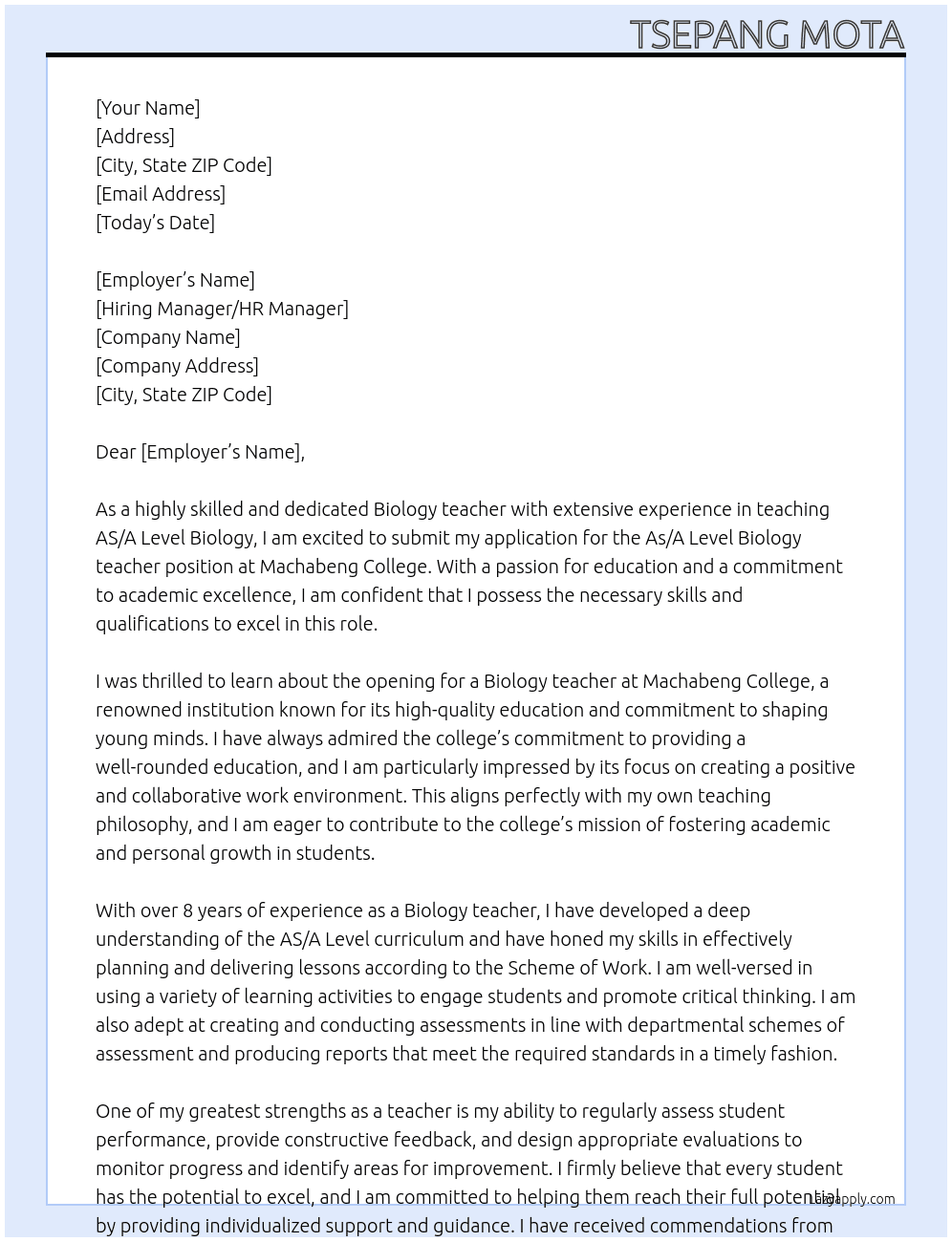 As/A Level Biology teacher  At Machabeng Collage Cover Letter