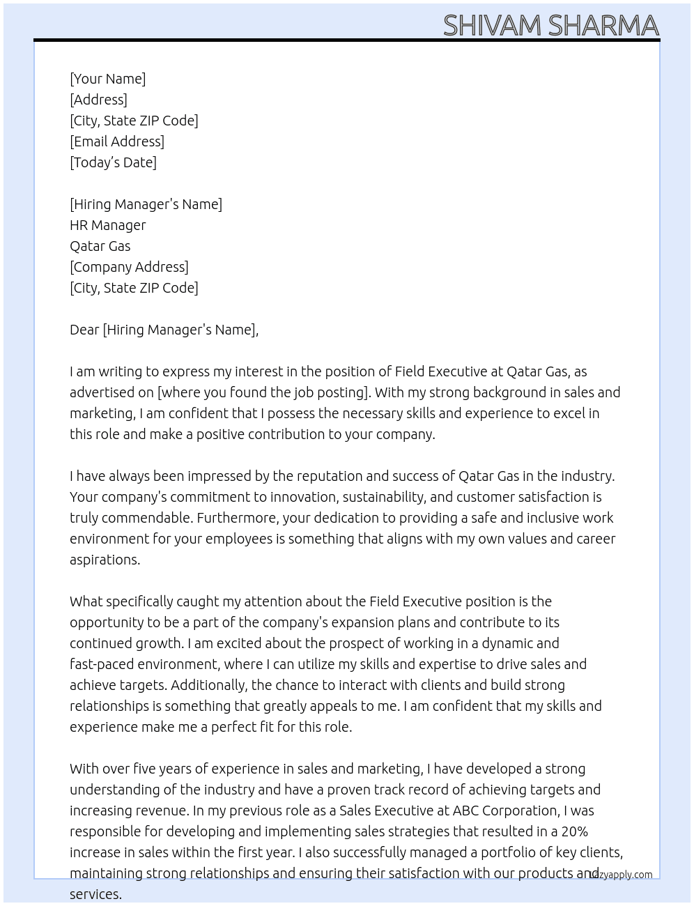 Field Executive At Qatar Gas Cover Letter