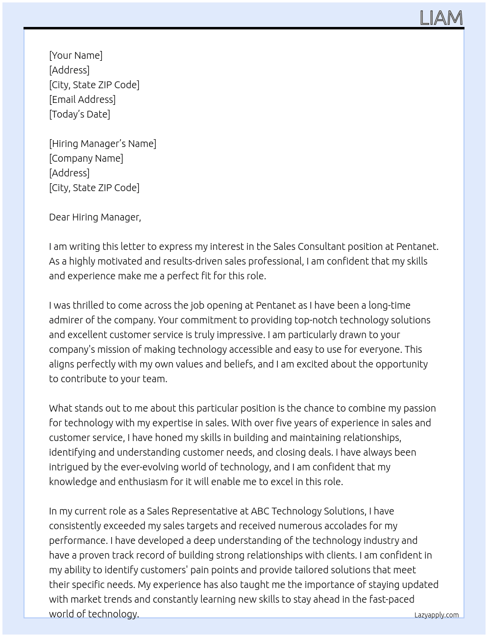 Sales consultant At Pentanet Cover Letter