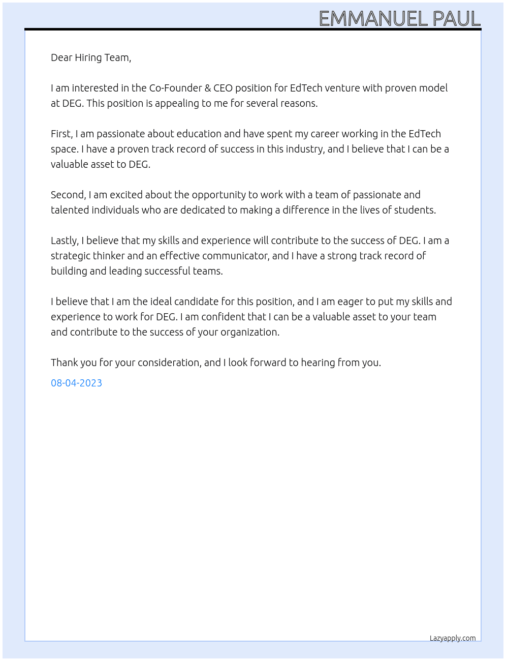 Co-Founder & CEO for EdTech venture with proven model At DEG Cover Letter