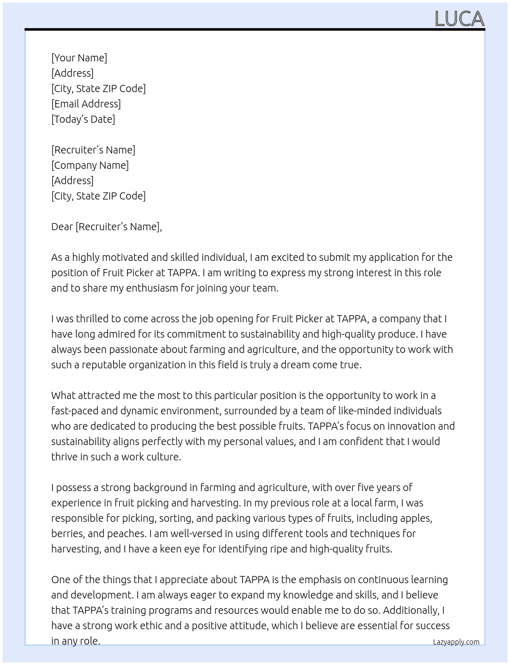 Fruit Picker At TAPPA Cover Letter
