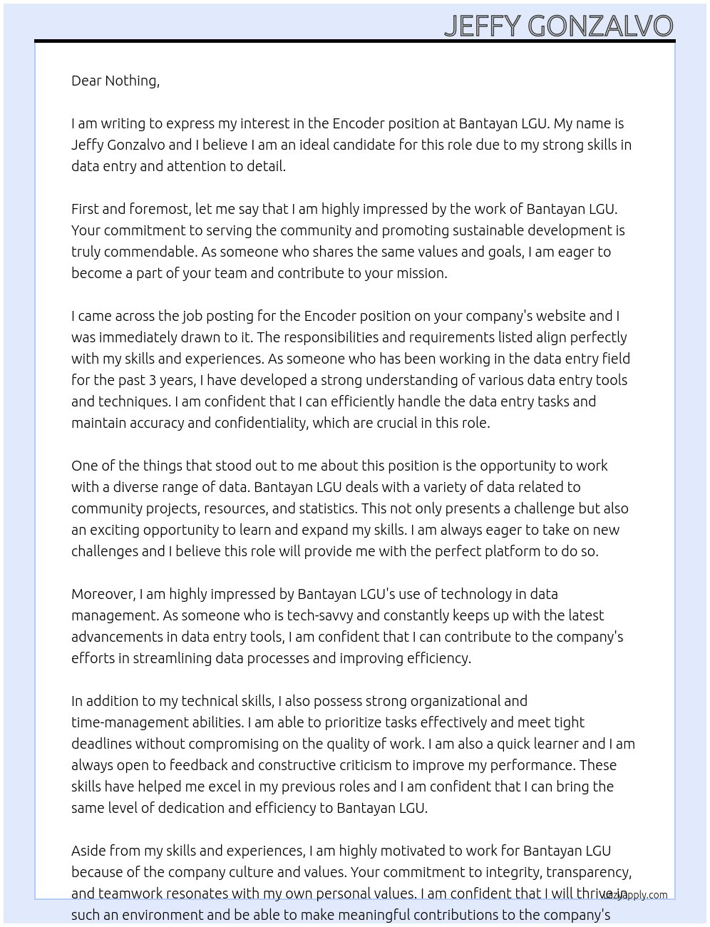 Encoder At Bantayan LGU  Cover Letter
