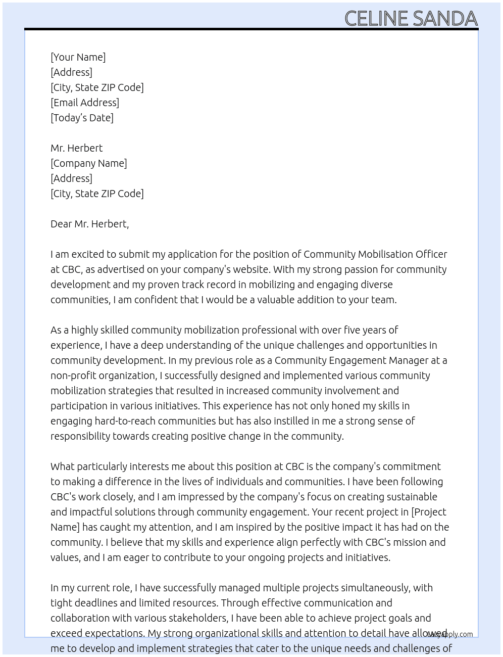community mobilisation officer At cbc Cover Letter