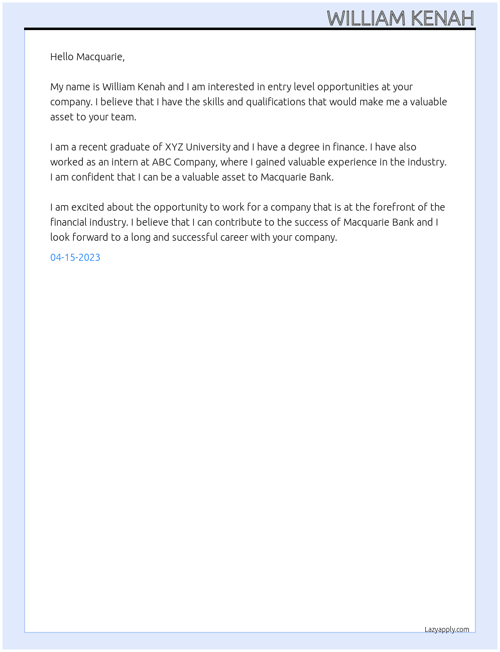 Entry Level opportunities At Macquarie Bank Cover Letter
