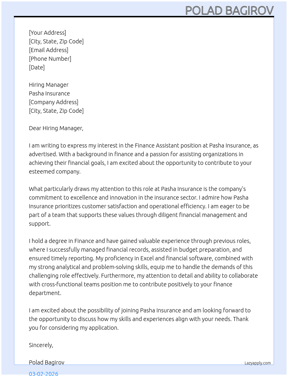 Finance assistant At Pasha Insurance Cover Letter