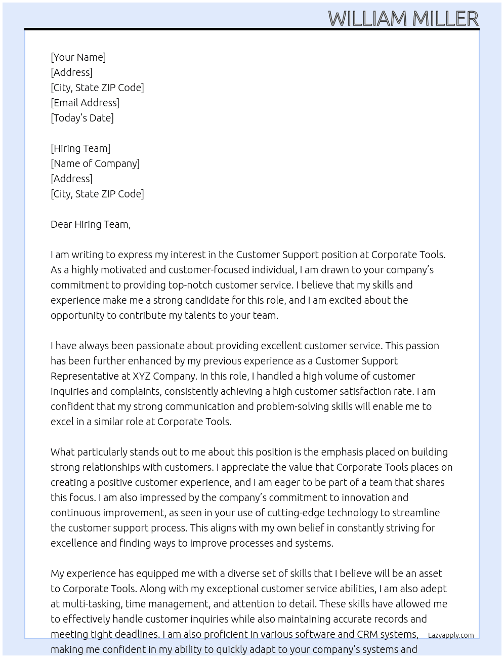Customer Support  At Corporate Tools Cover Letter