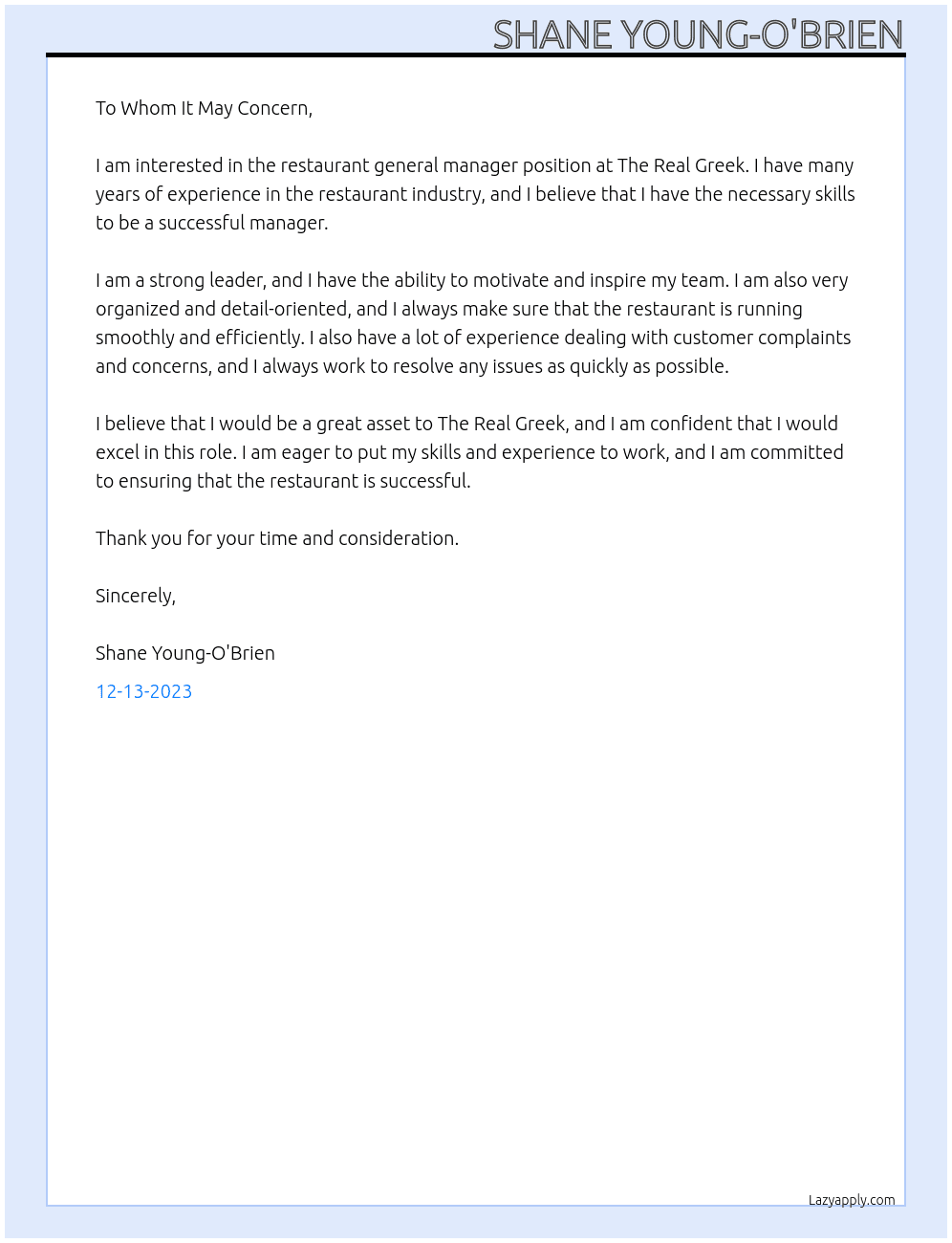 restaurant general manager  At the real greek  Cover Letter