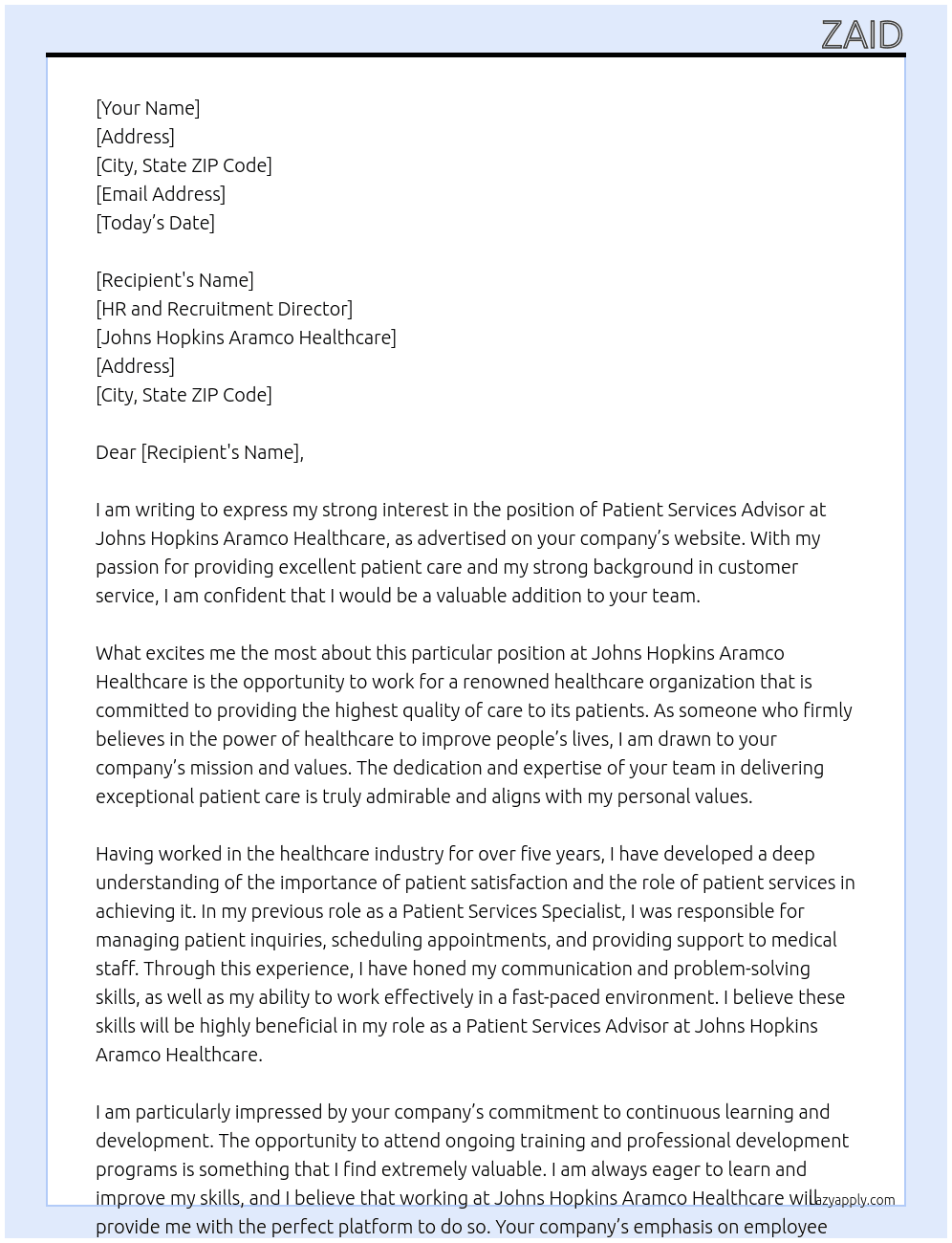 Patient Services Advisor At Johns Hopkins Aramco Healthcare Cover Letter