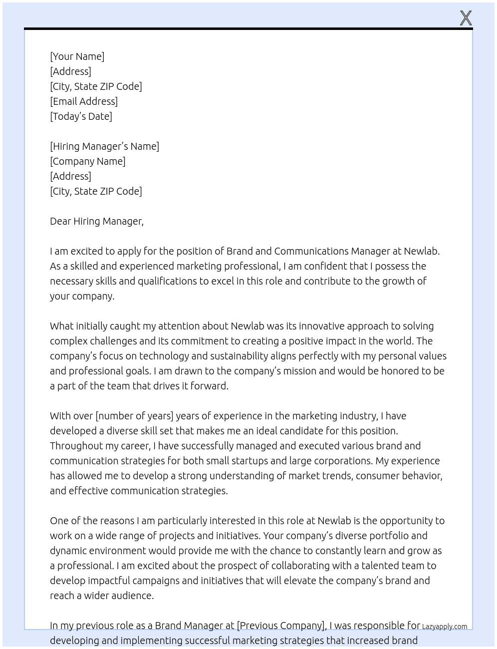 Brand and Communications Manager At Newlab Cover Letter
