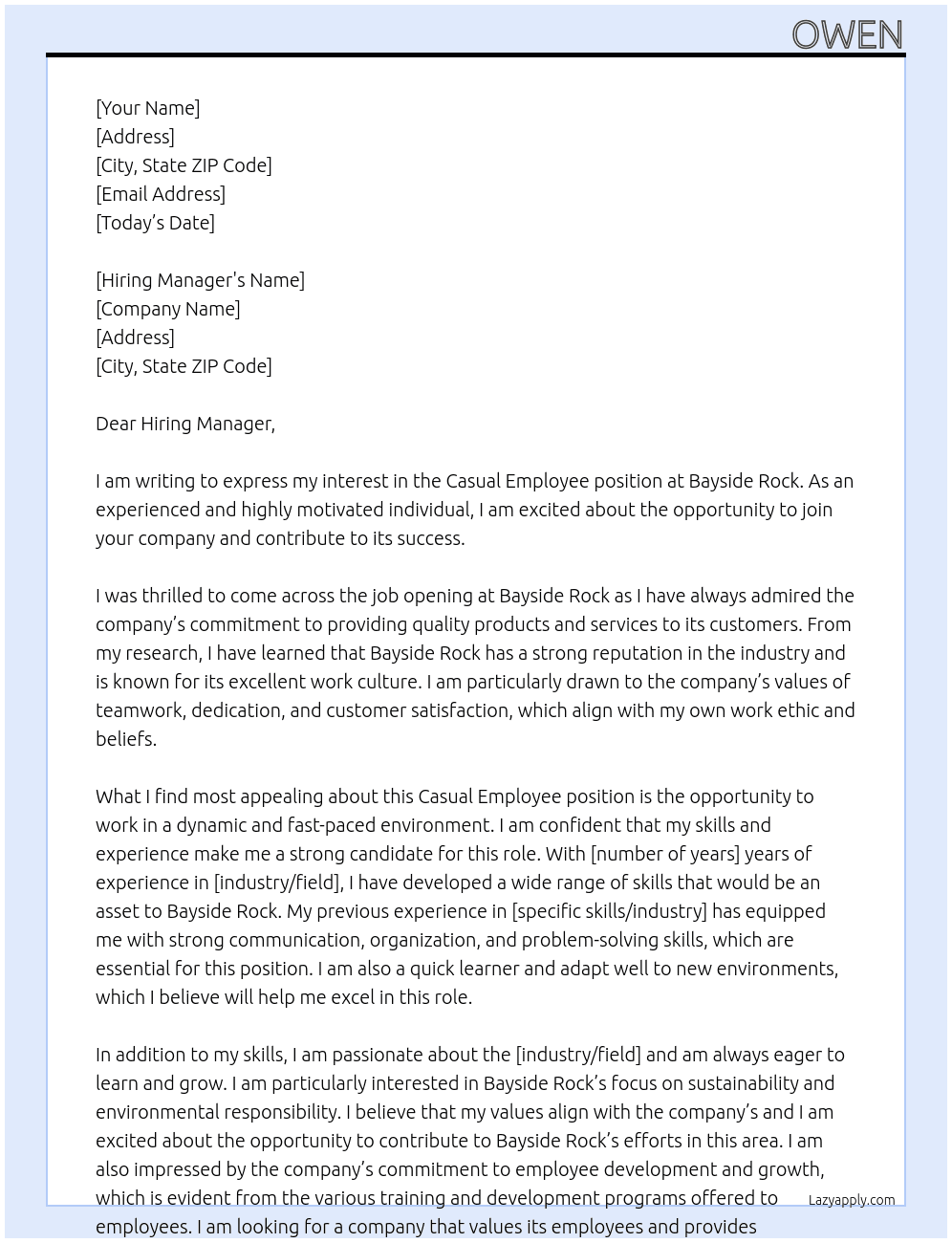 Casual Employee At Bayside Rock Cover Letter