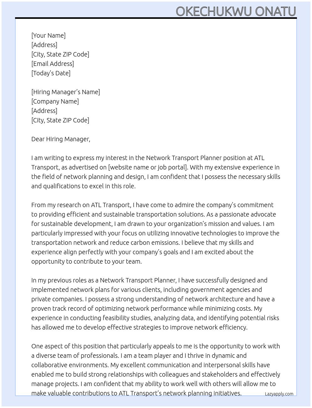 Network Transport Planner At ATL Transport Cover Letter