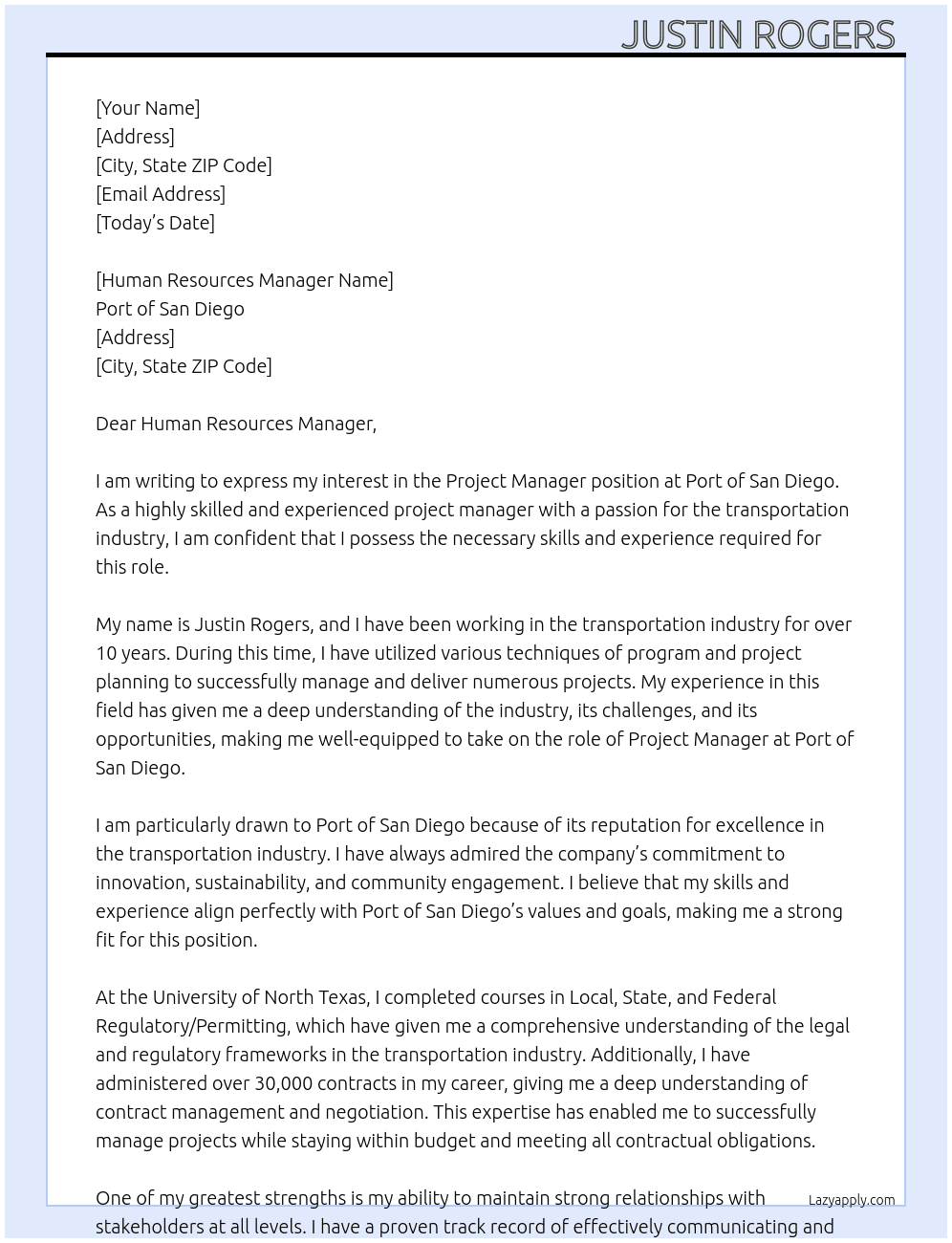 Project Manager  At Port of San Diego  Cover Letter