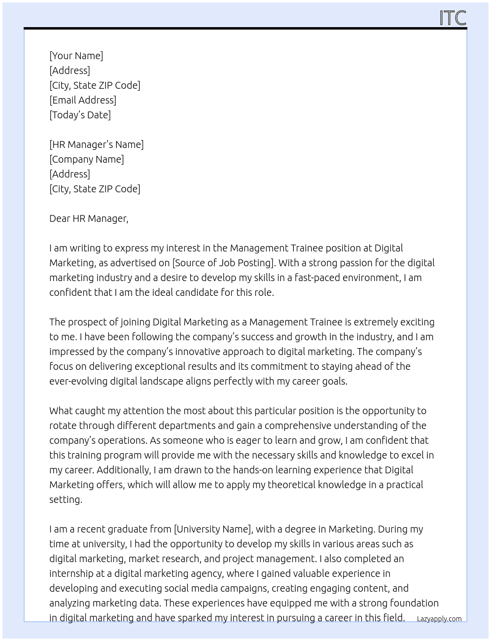 Management trainee  At Digital marketing  Cover Letter