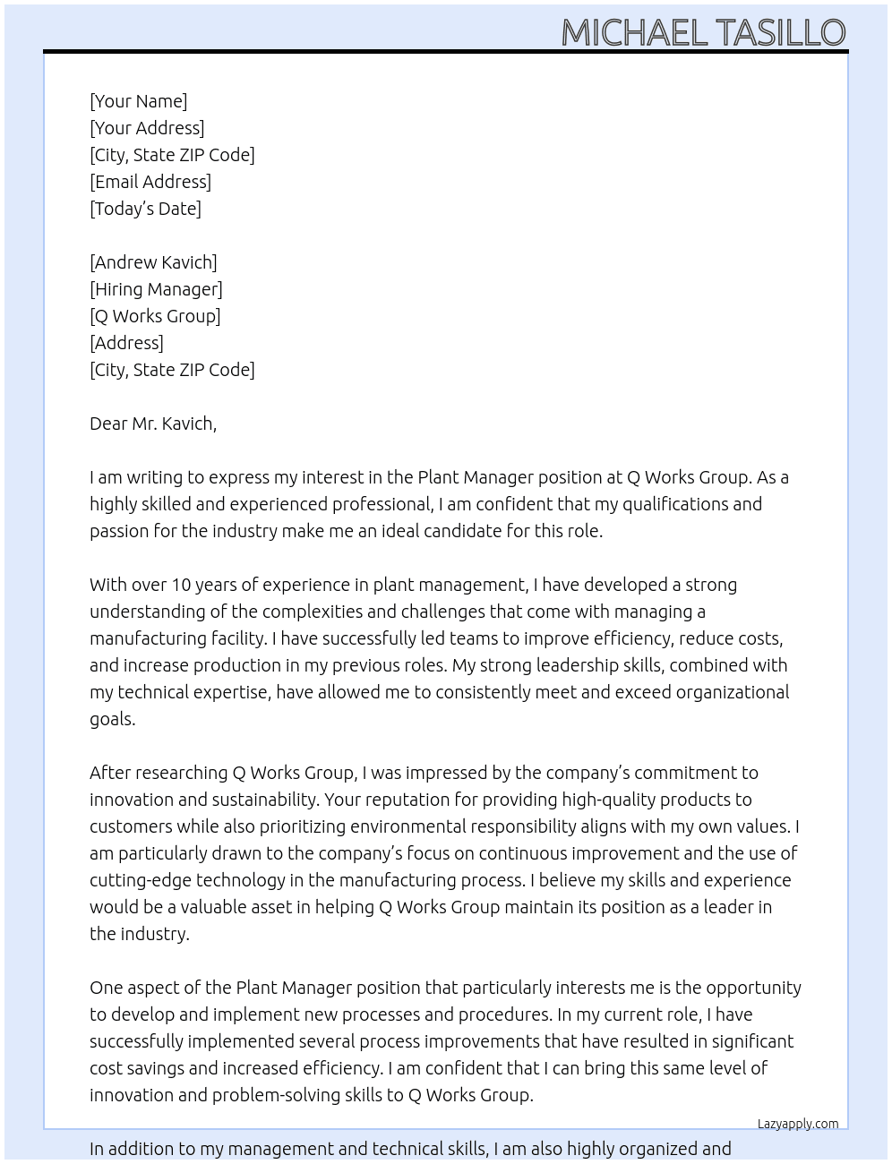 Plant Manager At Q Works Group Cover Letter