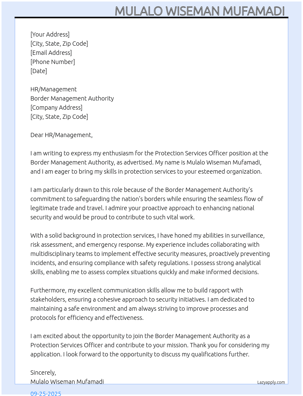 Protection Services Officer  At Border Management Authority  Cover Letter