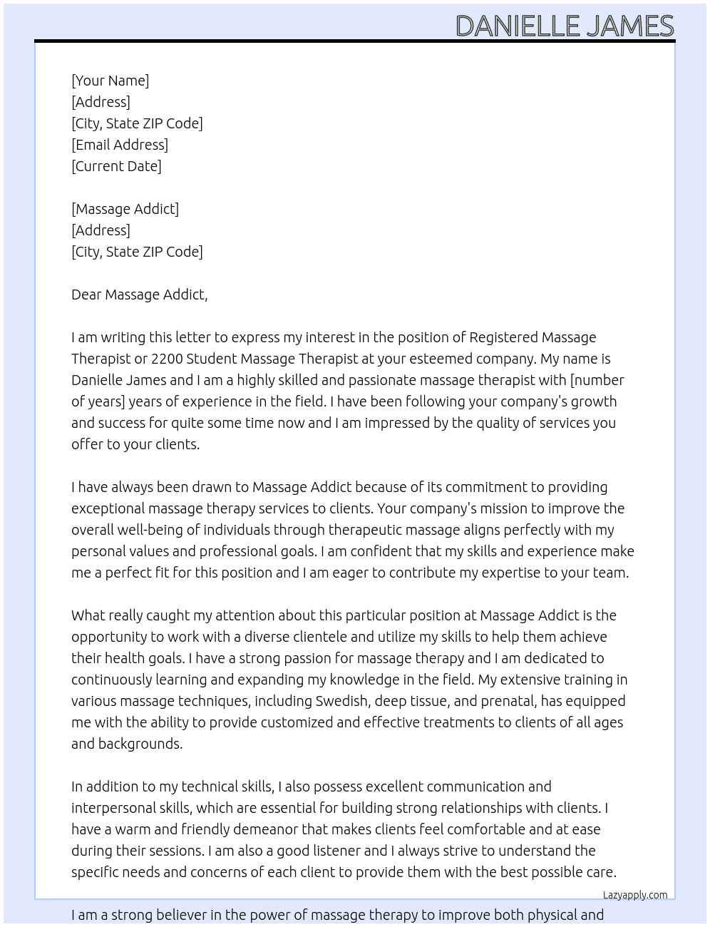 Registered Massage Therapist or 2200 Student Massage Therapist At Massage Addict Cover Letter