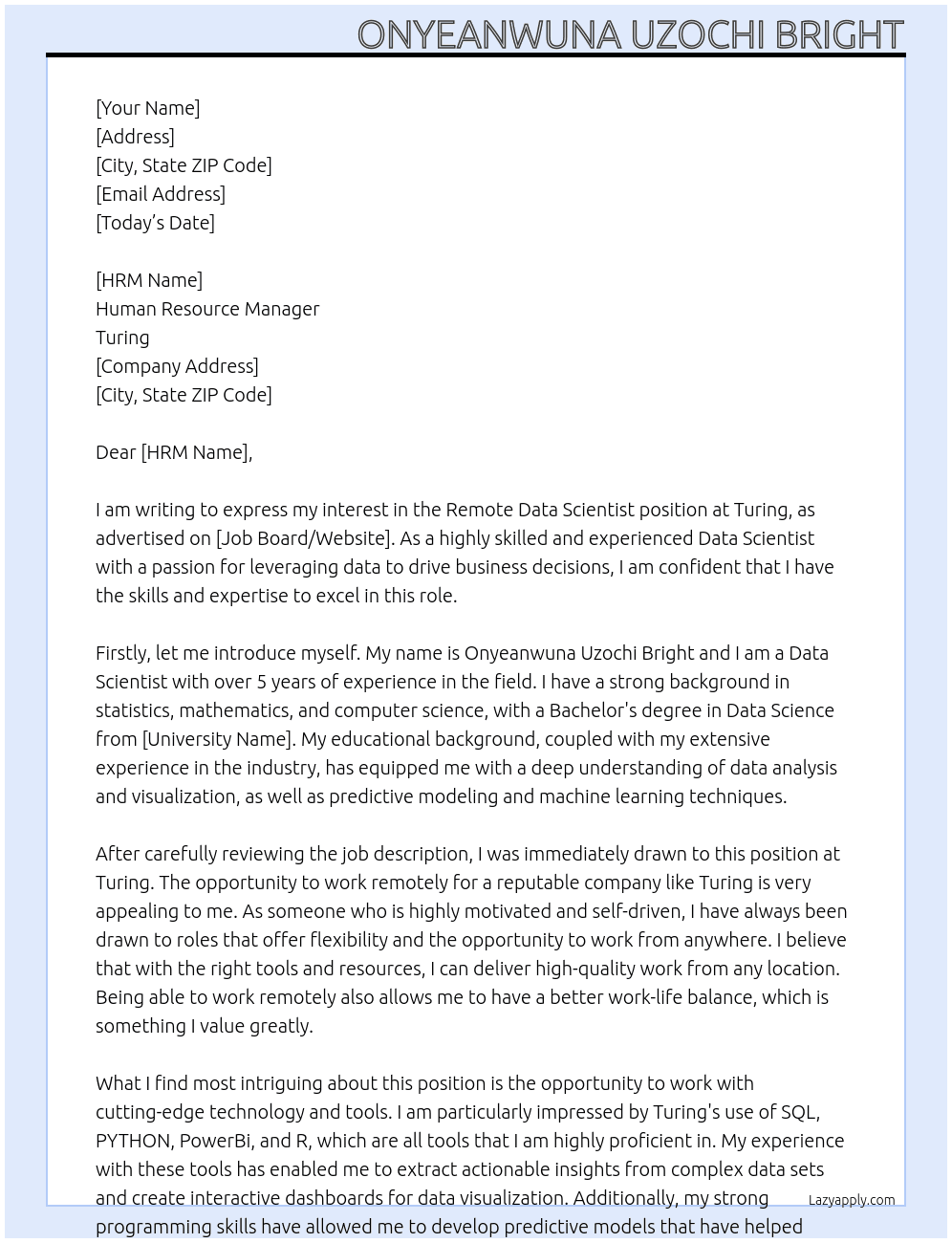 Remote Data Scientist  At Turing Cover Letter