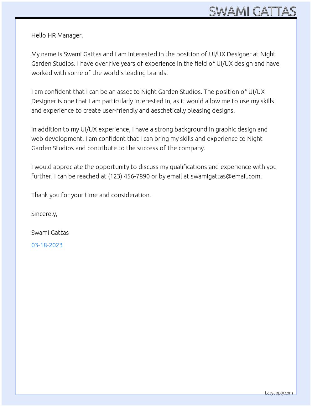 UI/UX Designer At Night Garden Studios Cover Letter