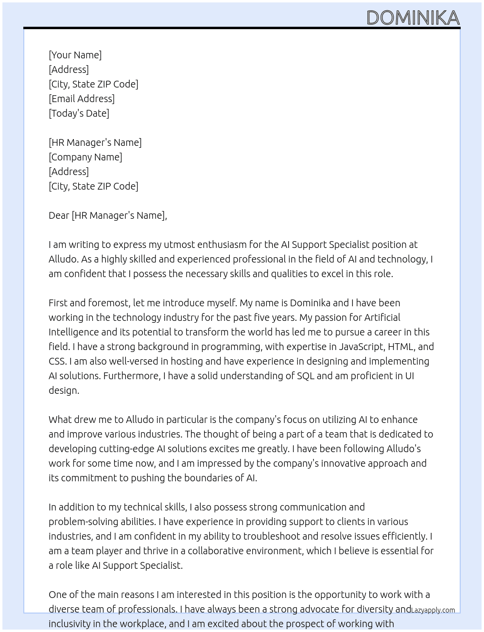 AI Support Specialist At Alludo Cover Letter