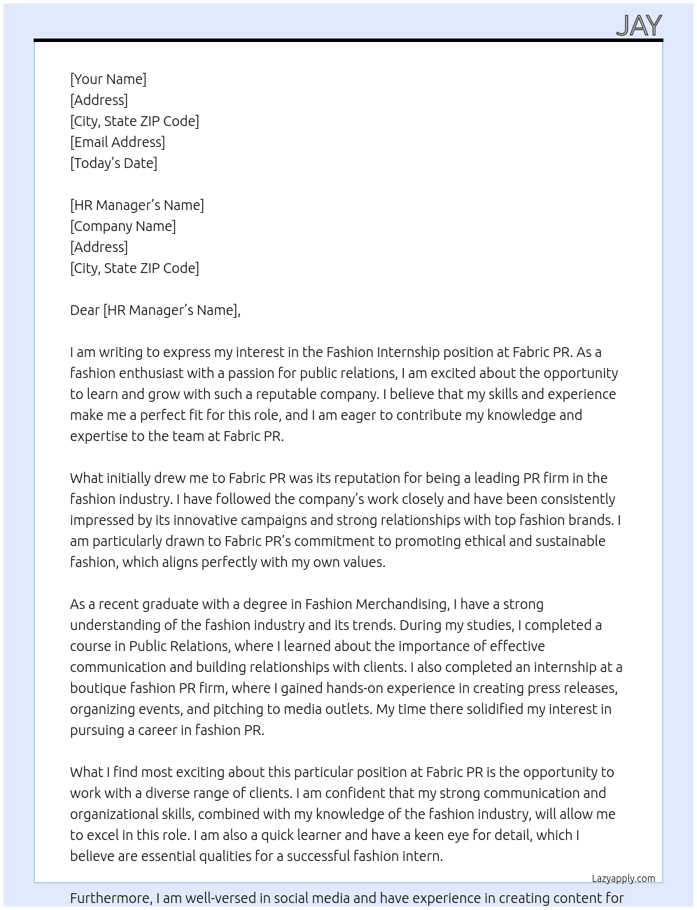 Fashion Internship At Fabric PR Cover Letter