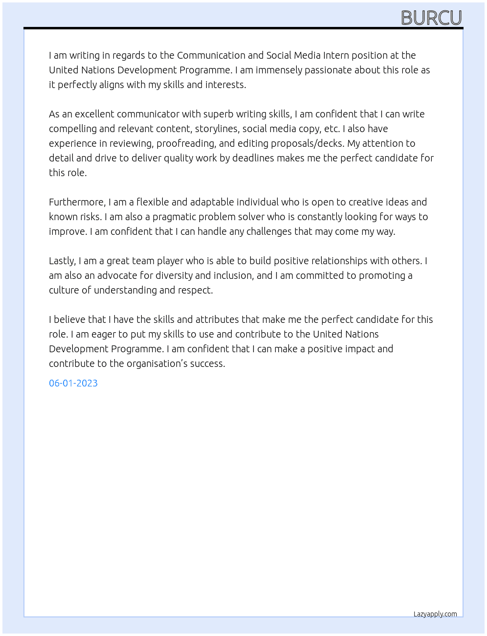 Communication and Social Media Intern At United Nations Development Programme Cover Letter