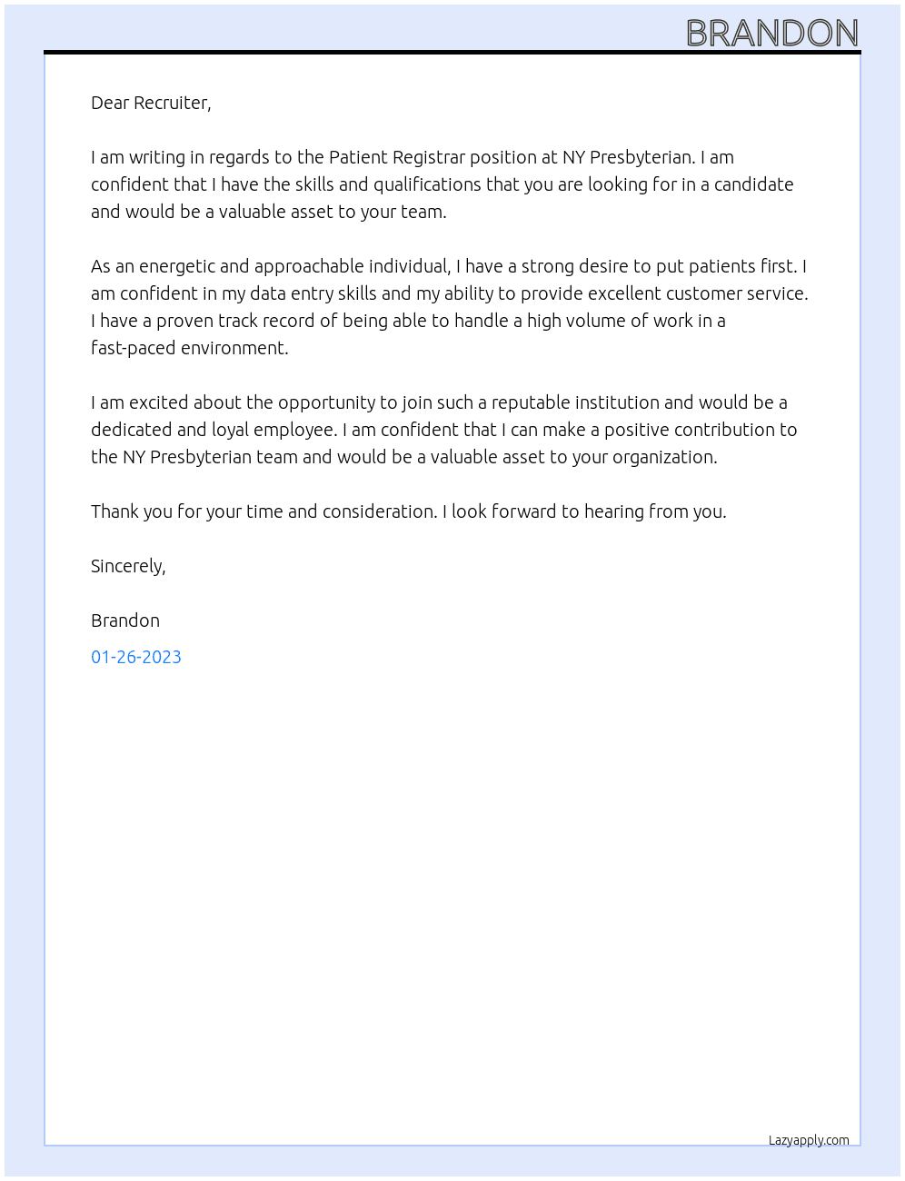 Patient Registrar At NY Presbyterian Cover Letter