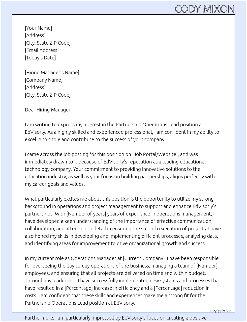 Partnership Operations Lead At EdVisorly Cover Letter