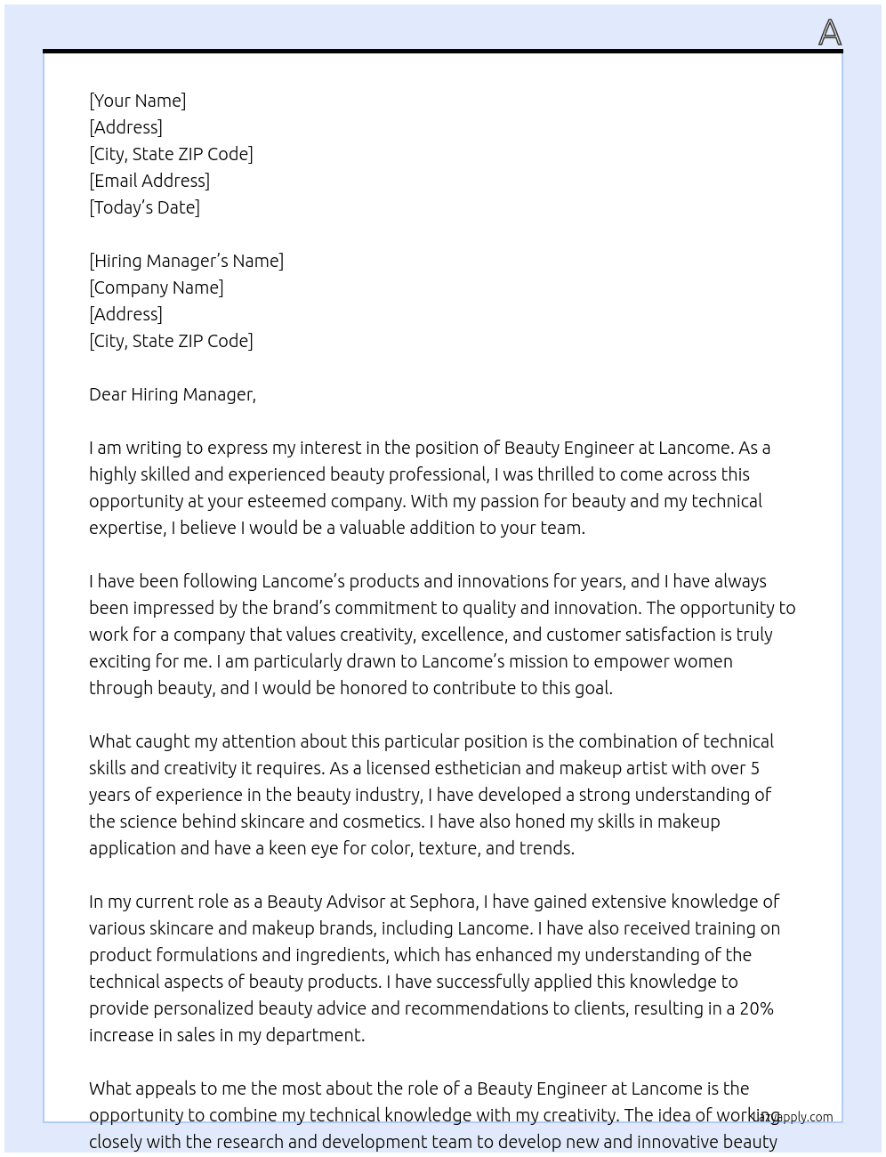 Beatuy enginer At Lancome Cover Letter