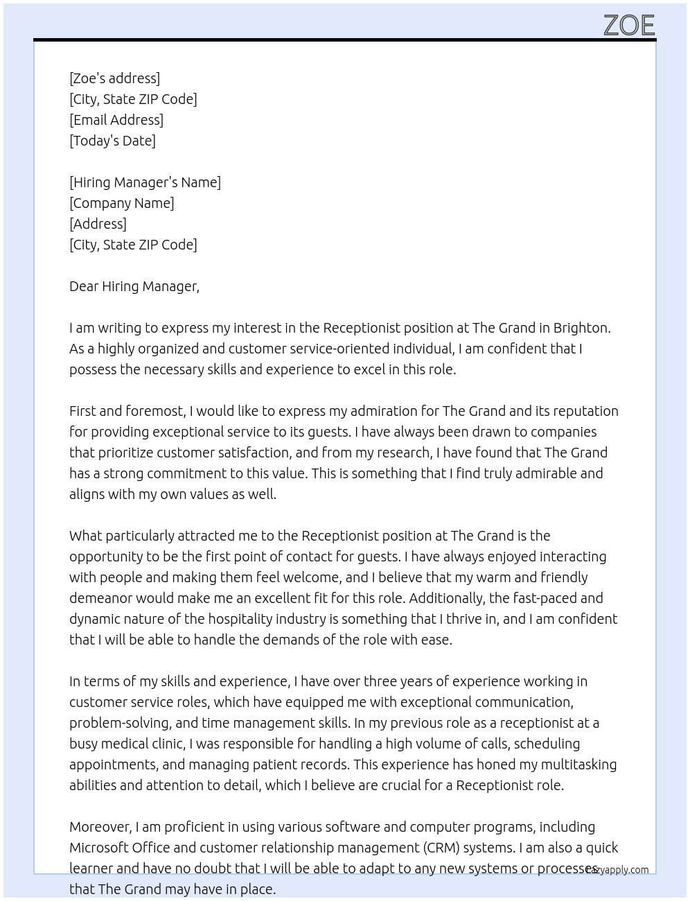 Receptionist  At The Grand Cover Letter