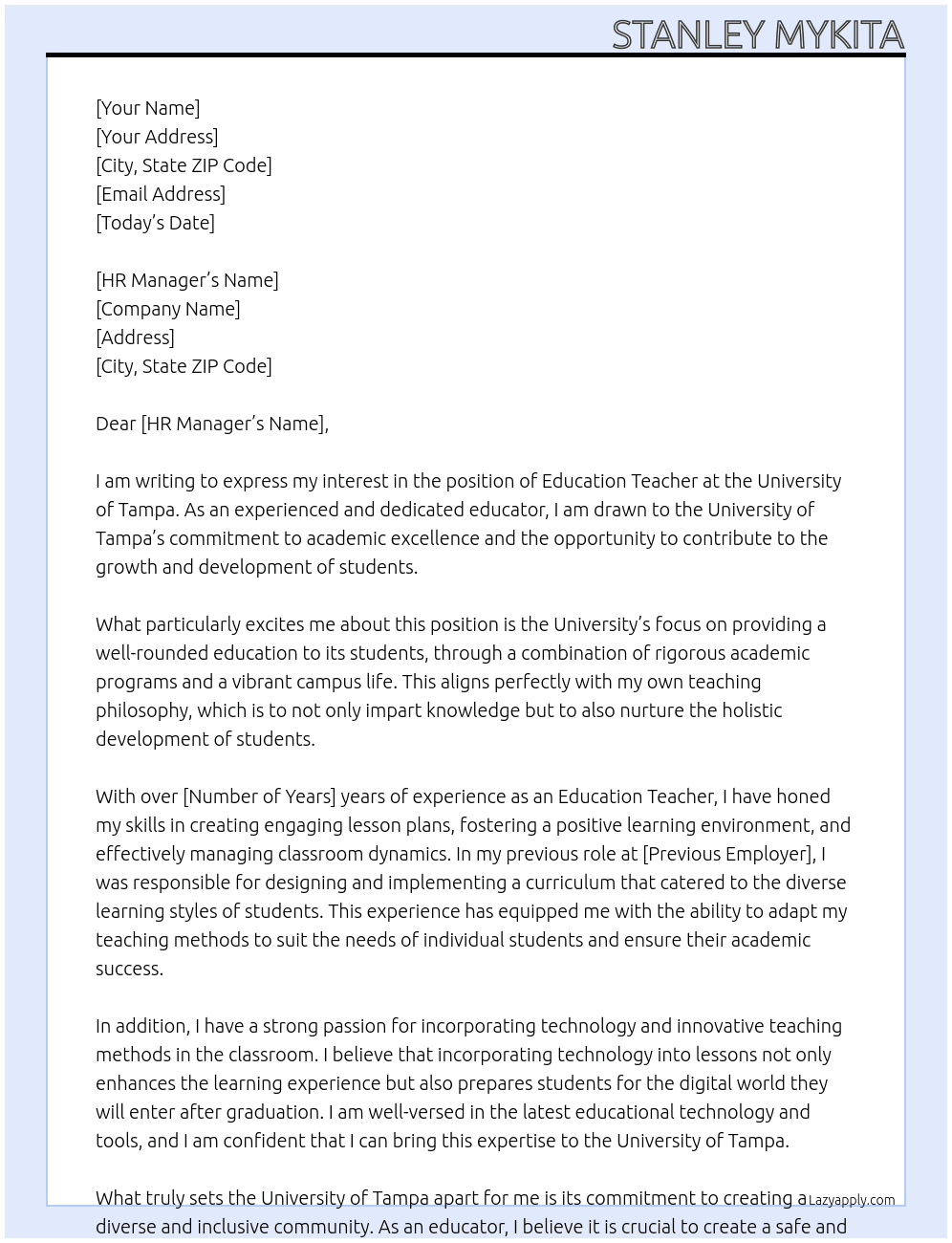 Education Teacher At University of Tampa Cover Letter