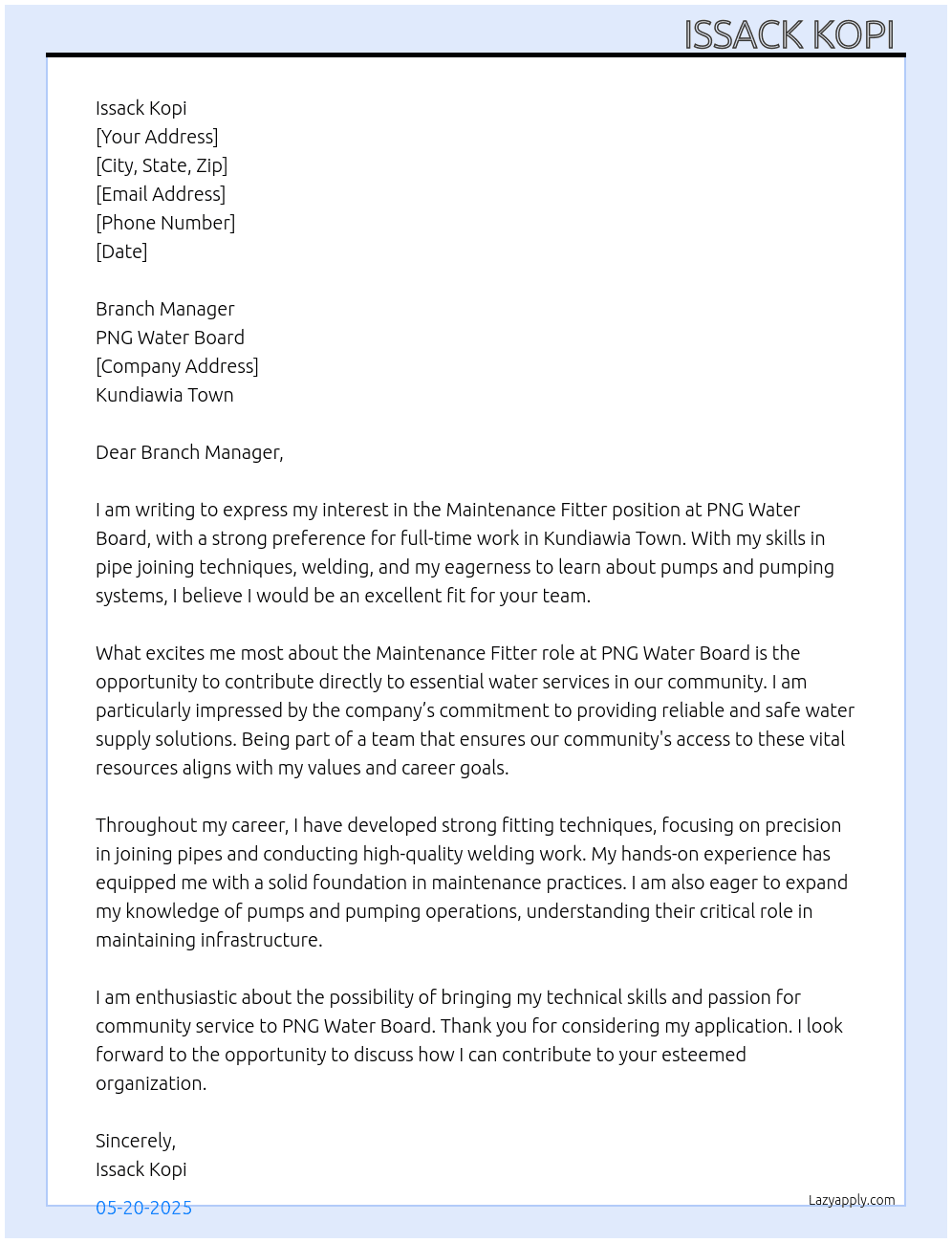 Maintenance Fitter At PNG Water board  Cover Letter