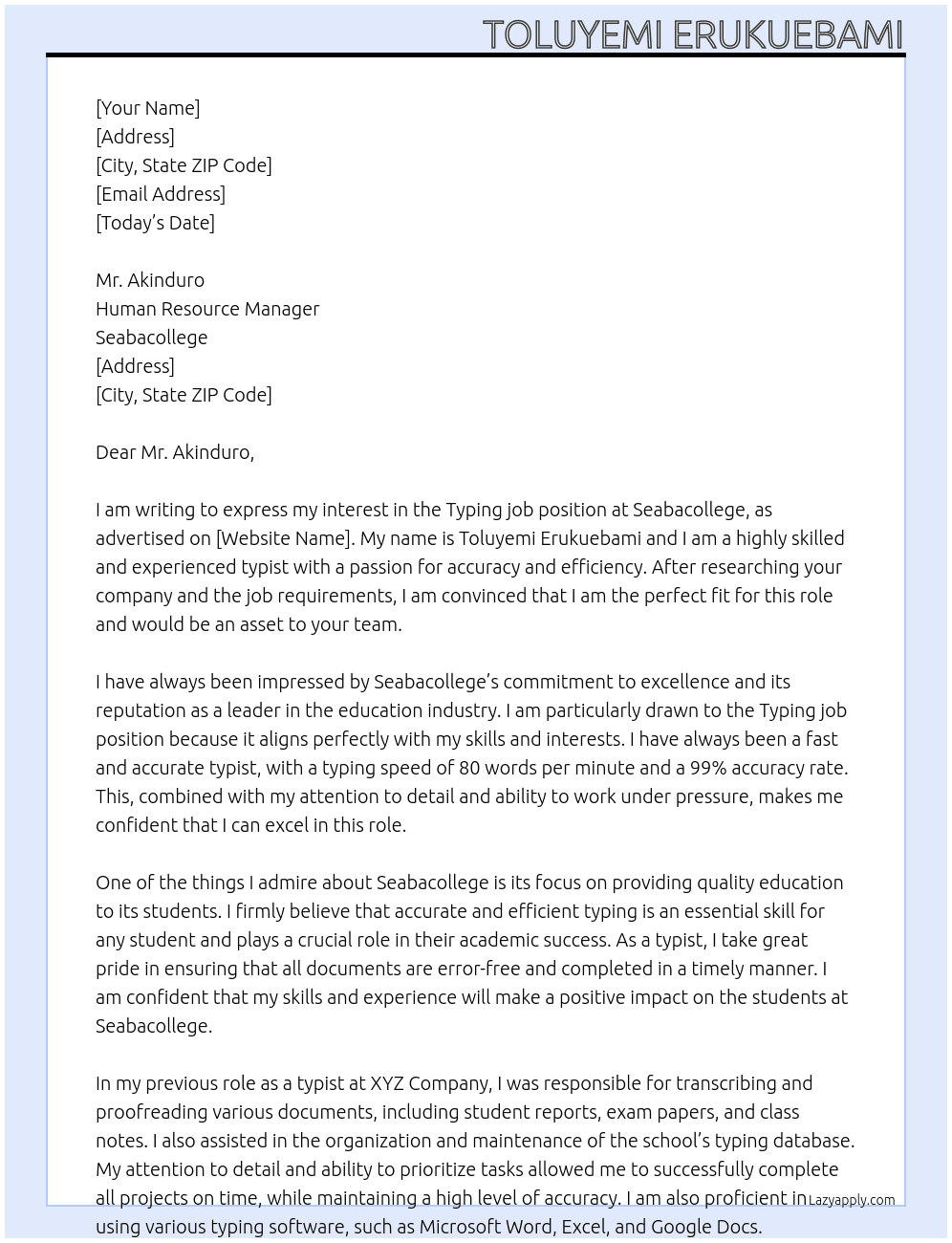 Typing job At Seabacollege Cover Letter