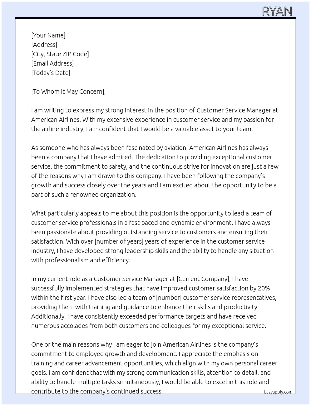 Customer Service Manager At American Airlines Cover Letter