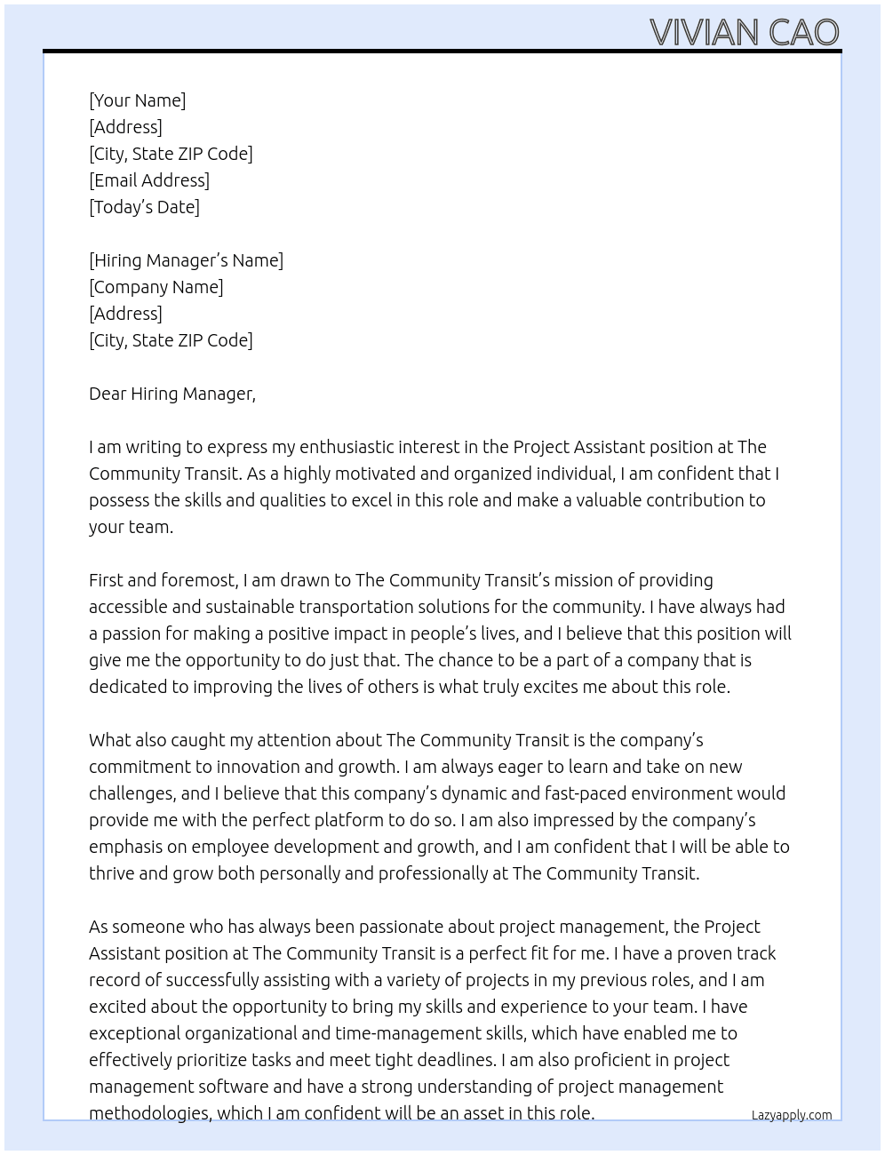 Project assistant At The Community Transit Cover Letter