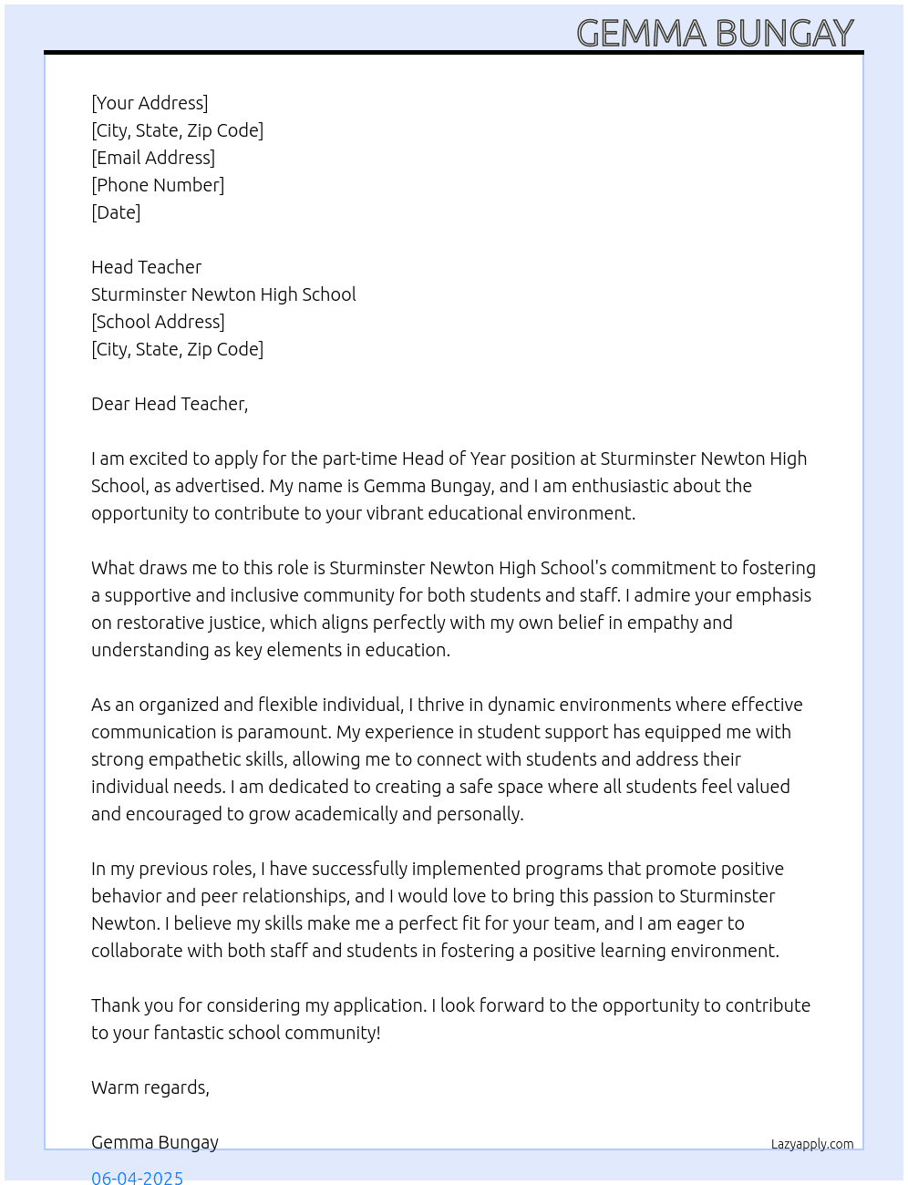 Head of Year  At Sturminster Newton High Scholl  Cover Letter