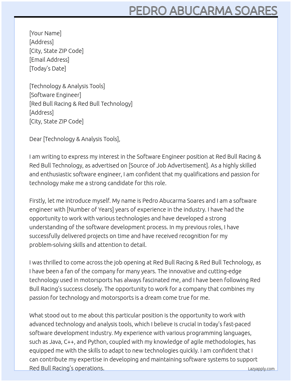 Software Engineer At Red Bull Racing & Red Bull Technology Cover Letter