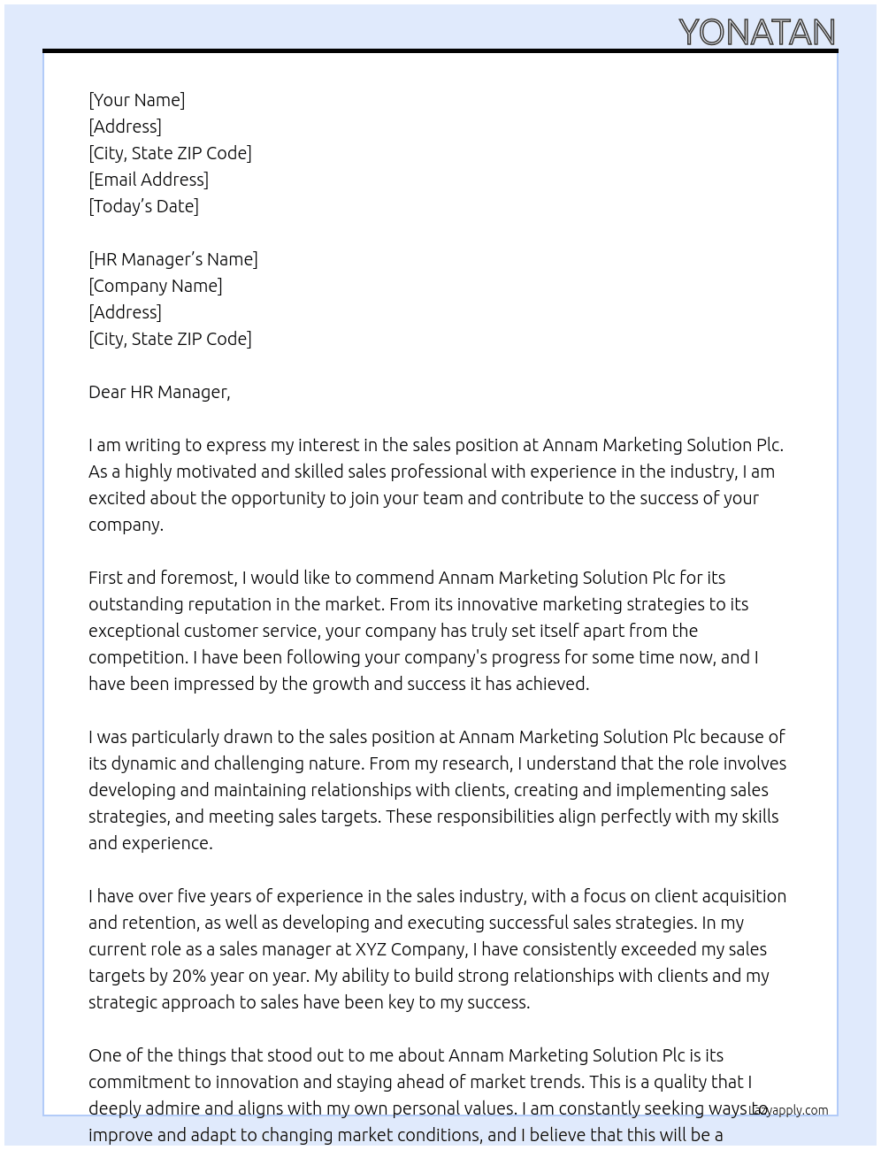 sales At Annam marketing solution plc Cover Letter