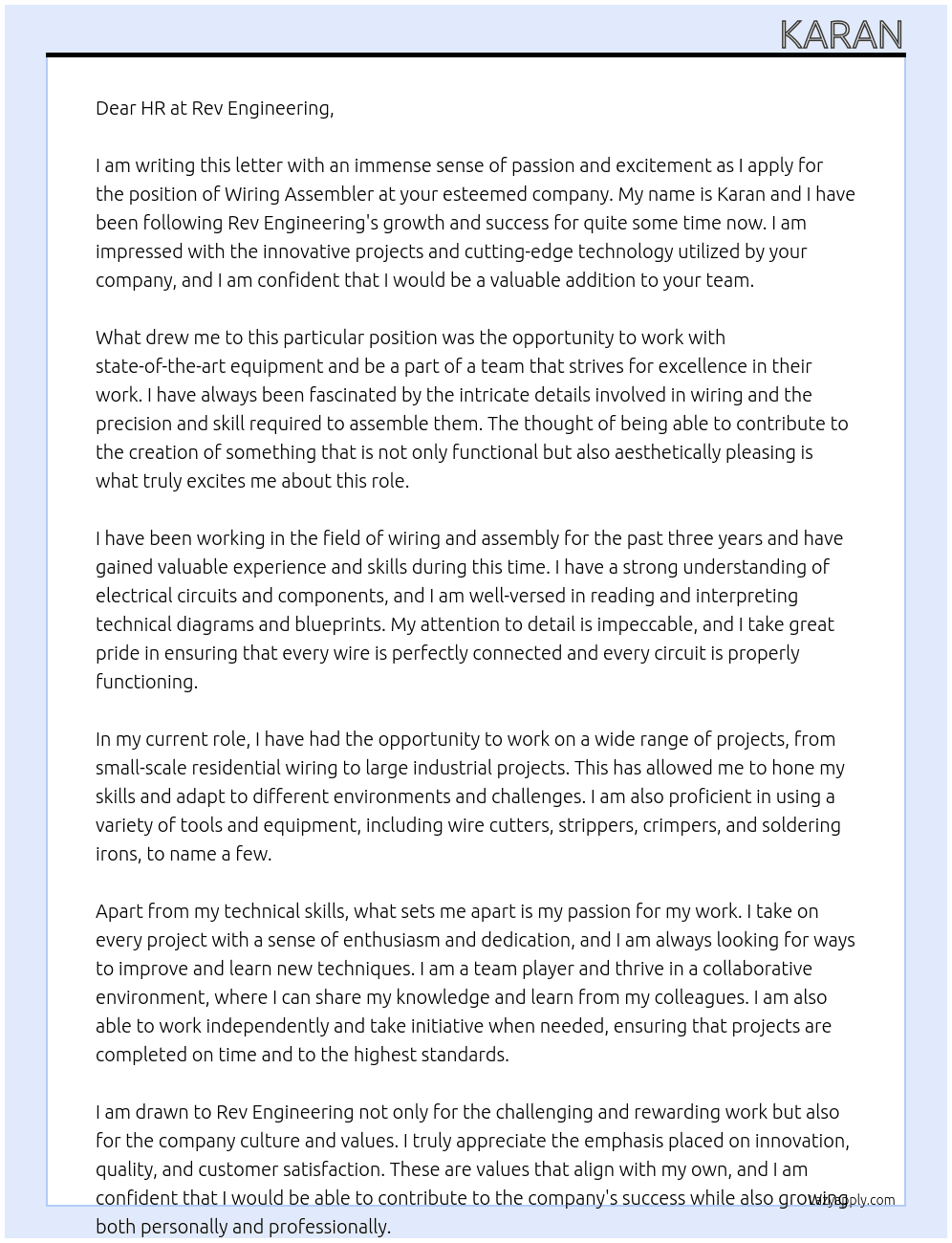 Wiring assembler At Rev Engineering Cover Letter