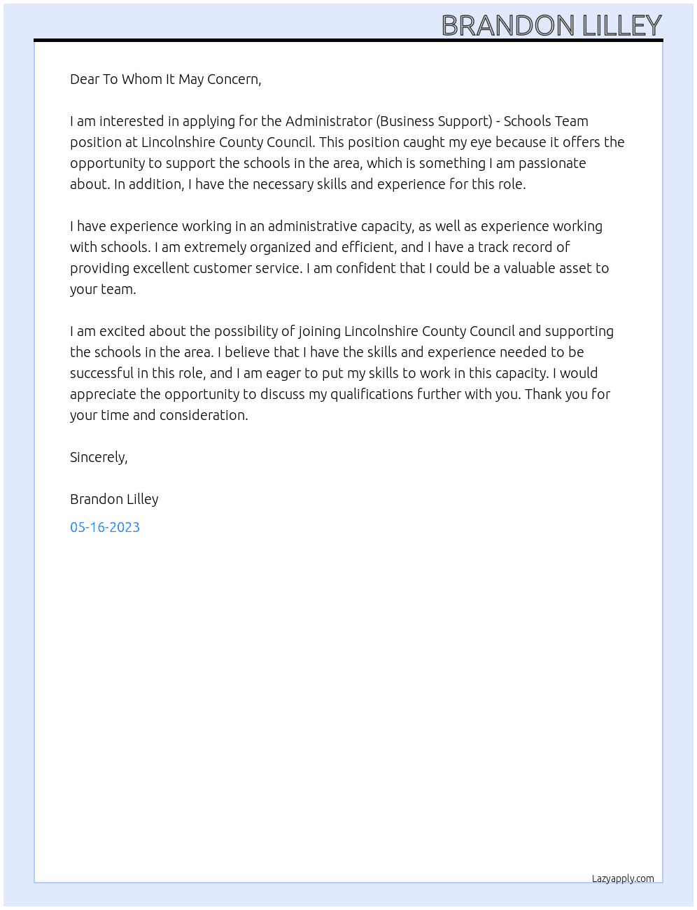 Administrator (Business Support) - Schools Team At Lincolnshire County Council Cover Letter