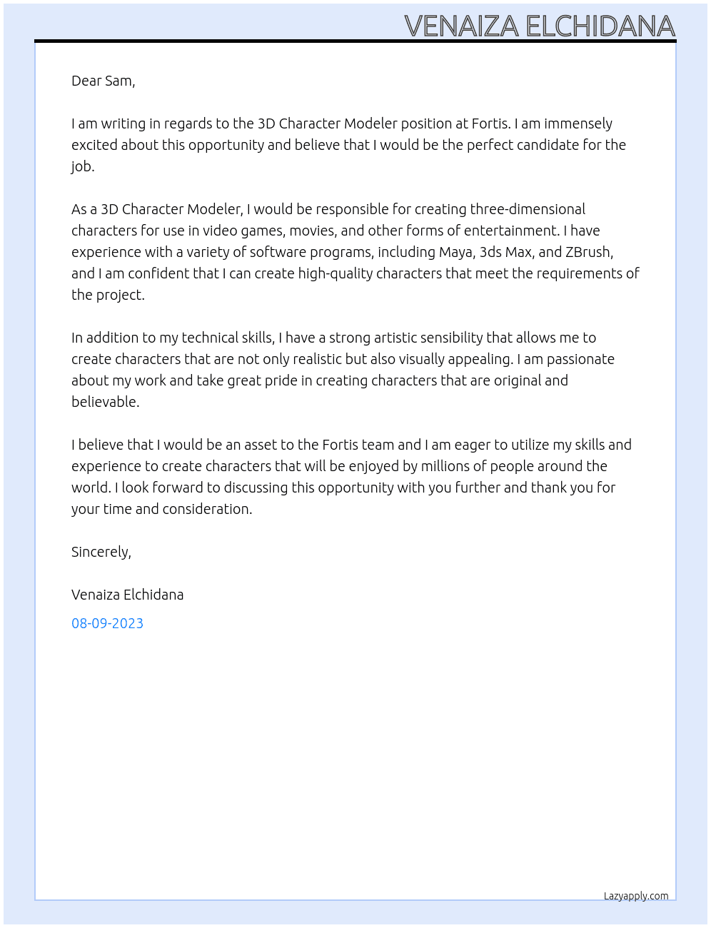 3D Character modeler At Fortis Cover Letter
