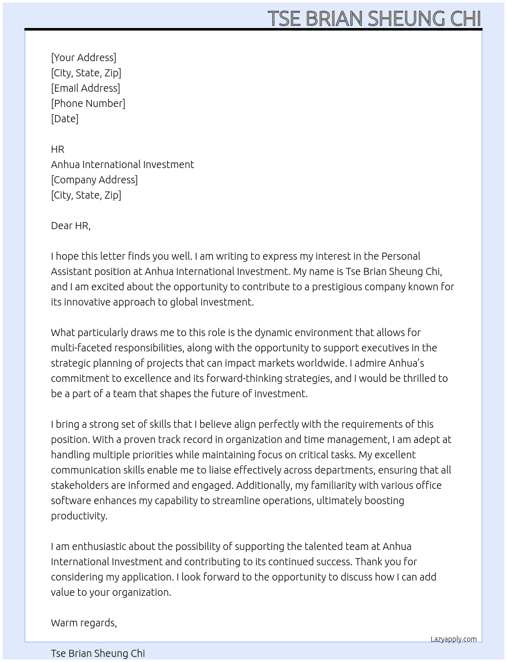PERSONAL ASSISTANT At Anhua International Investment Cover Letter