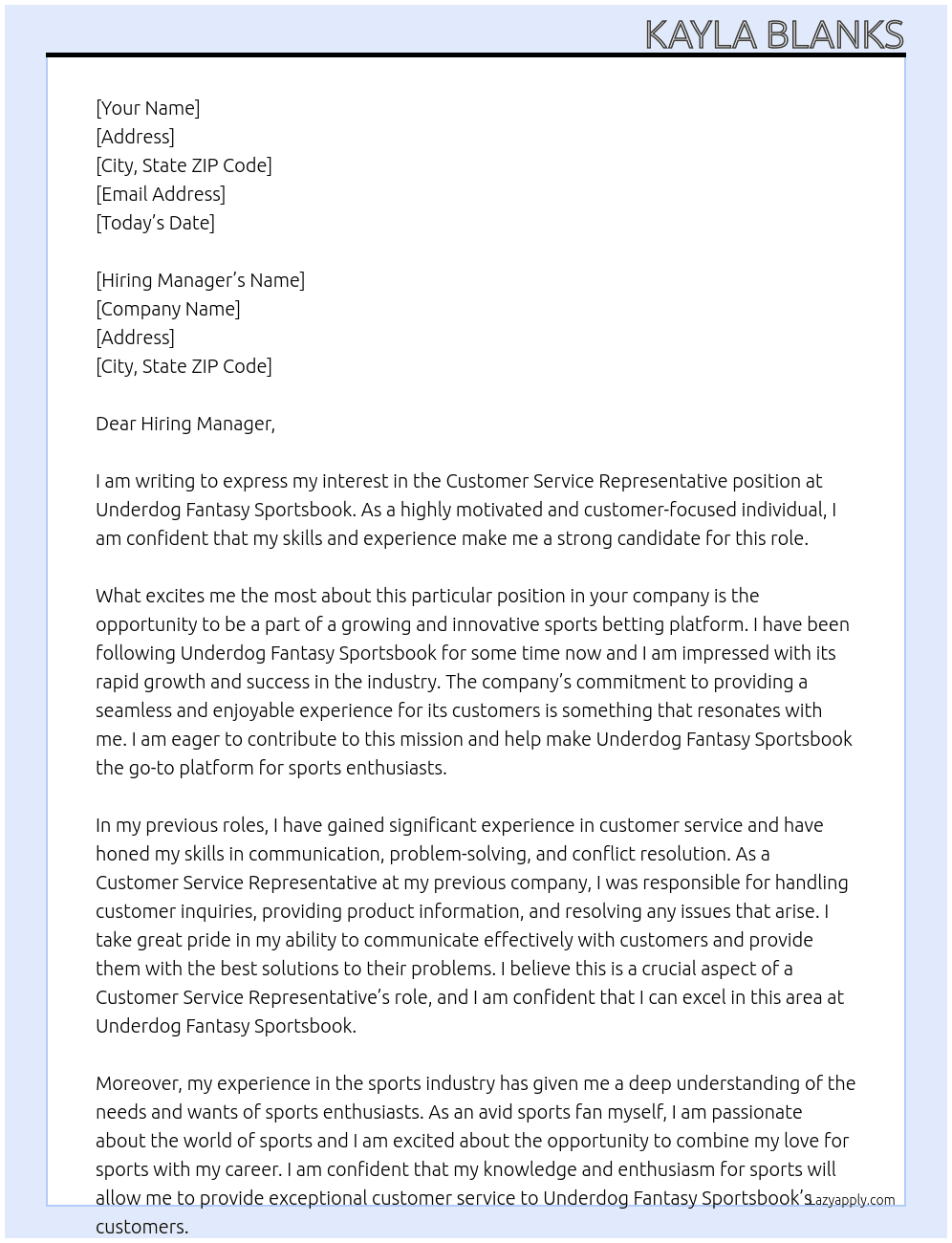 Customer Service Representative  At Underdog Fantasy Sportsbook Cover Letter
